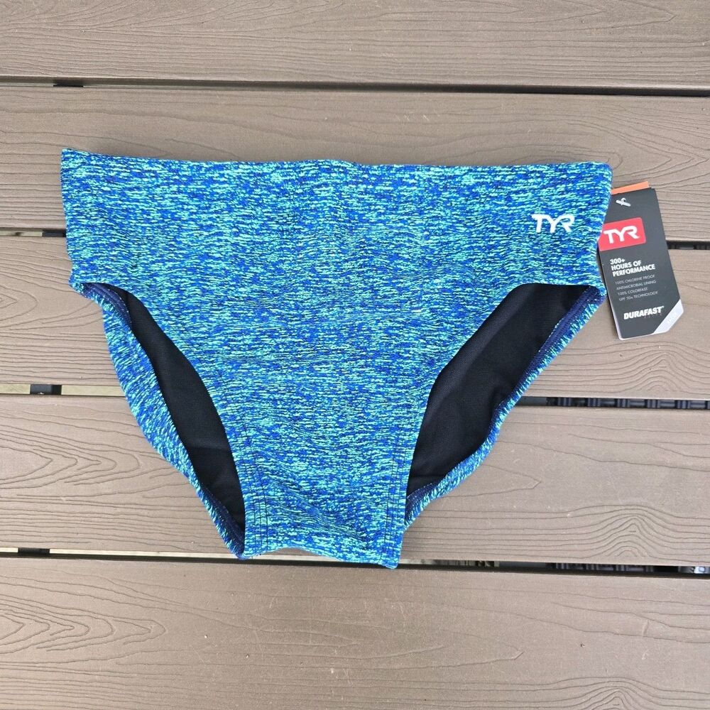 TYR Men's Durafast Elite Blue/Green Lapped Swim Racer Brief Sz 34 New